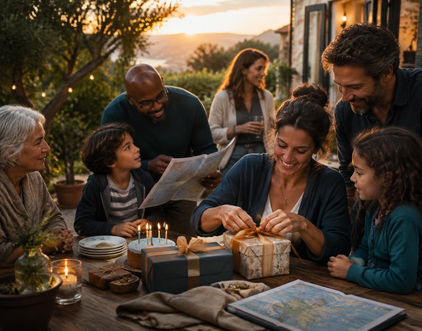 Family and friends sharing a birthday celebration and planning a journey together